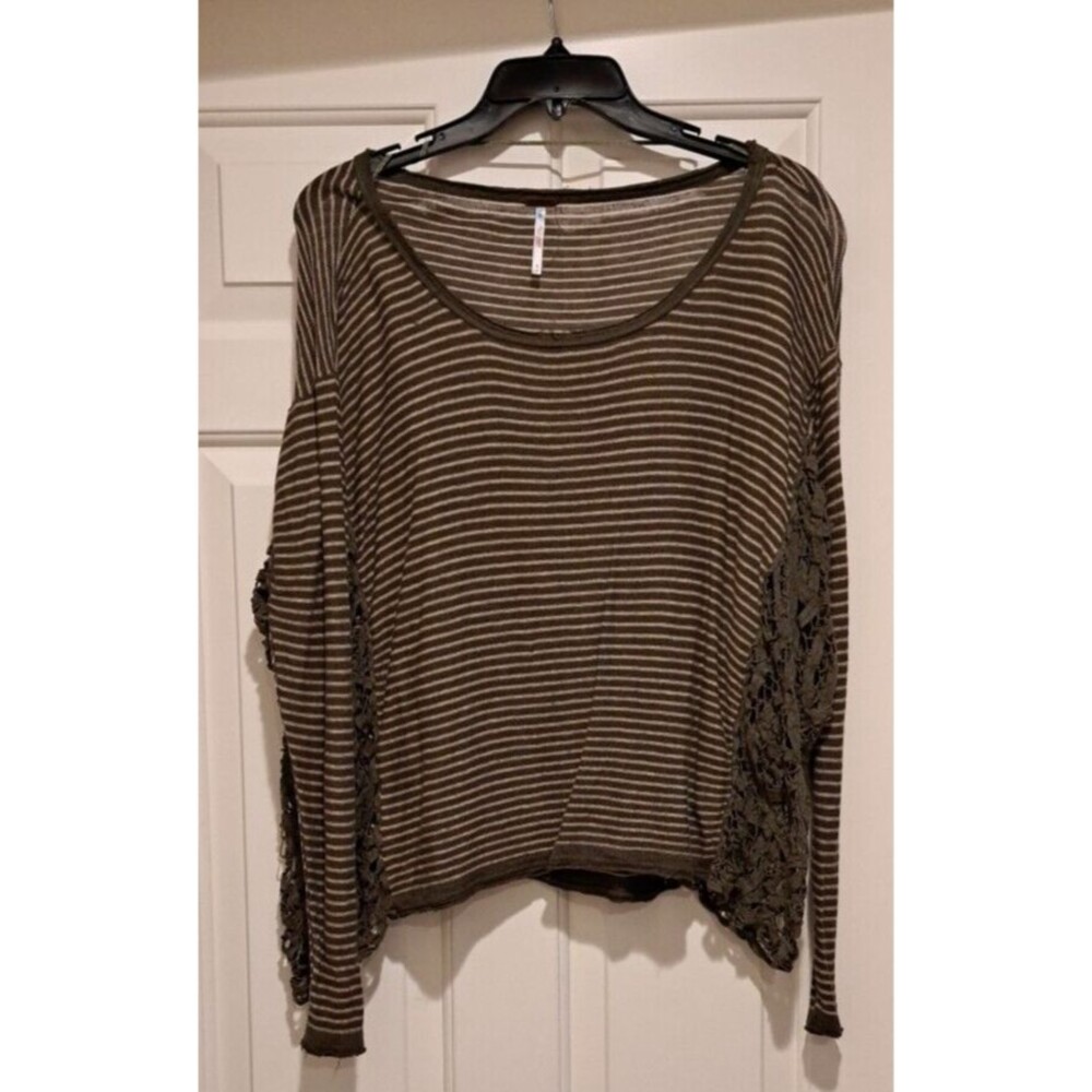Free People Olive & Tan Striped Long Sleeve with Knit/ Crochet Sides Size Medium